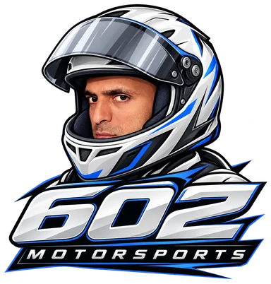 602 Motorsports portrait logo featuring Benjamin in a racing helmet